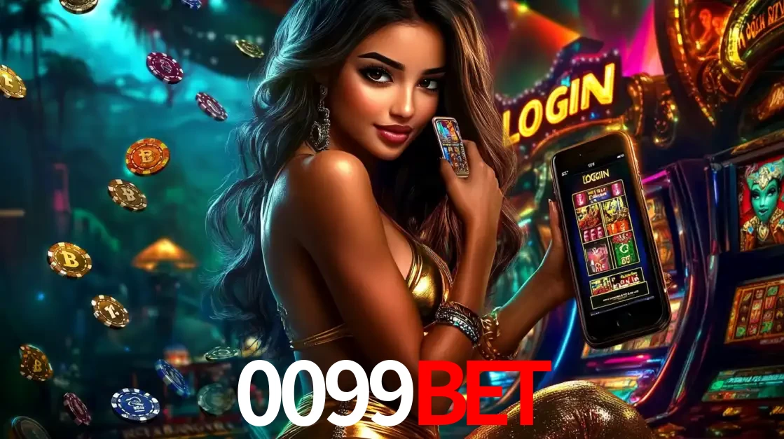 Mulher em um cenário de cassino temático de aventura, mostrando o app de caça-níqueis da 0099bet no celular. Fichas de apostas flutuam ao redor.