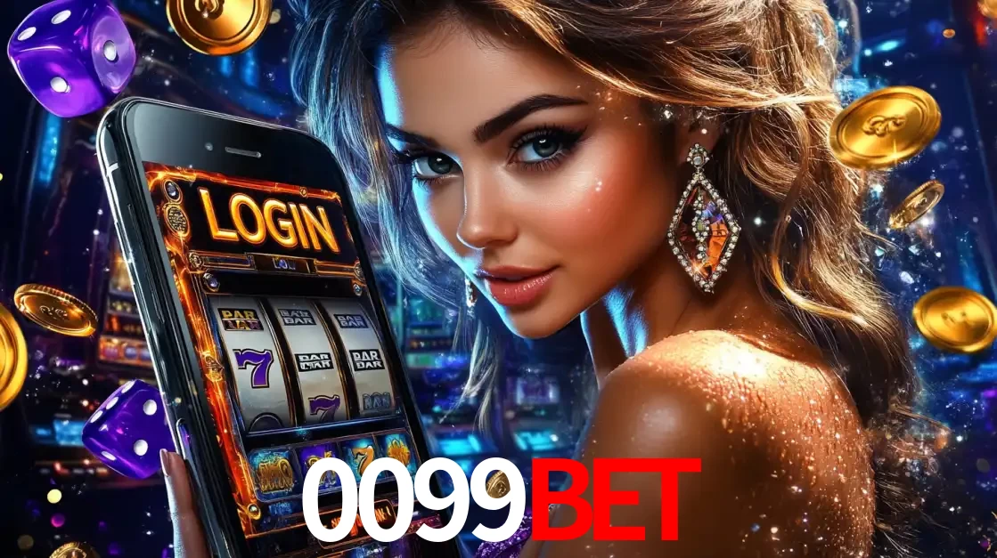 Mulher glamorosa segurando um smartphone com a tela de login para os jogos de caça-níqueis do cassino online 0099bet, com moedas de ouro e dados ao redor.